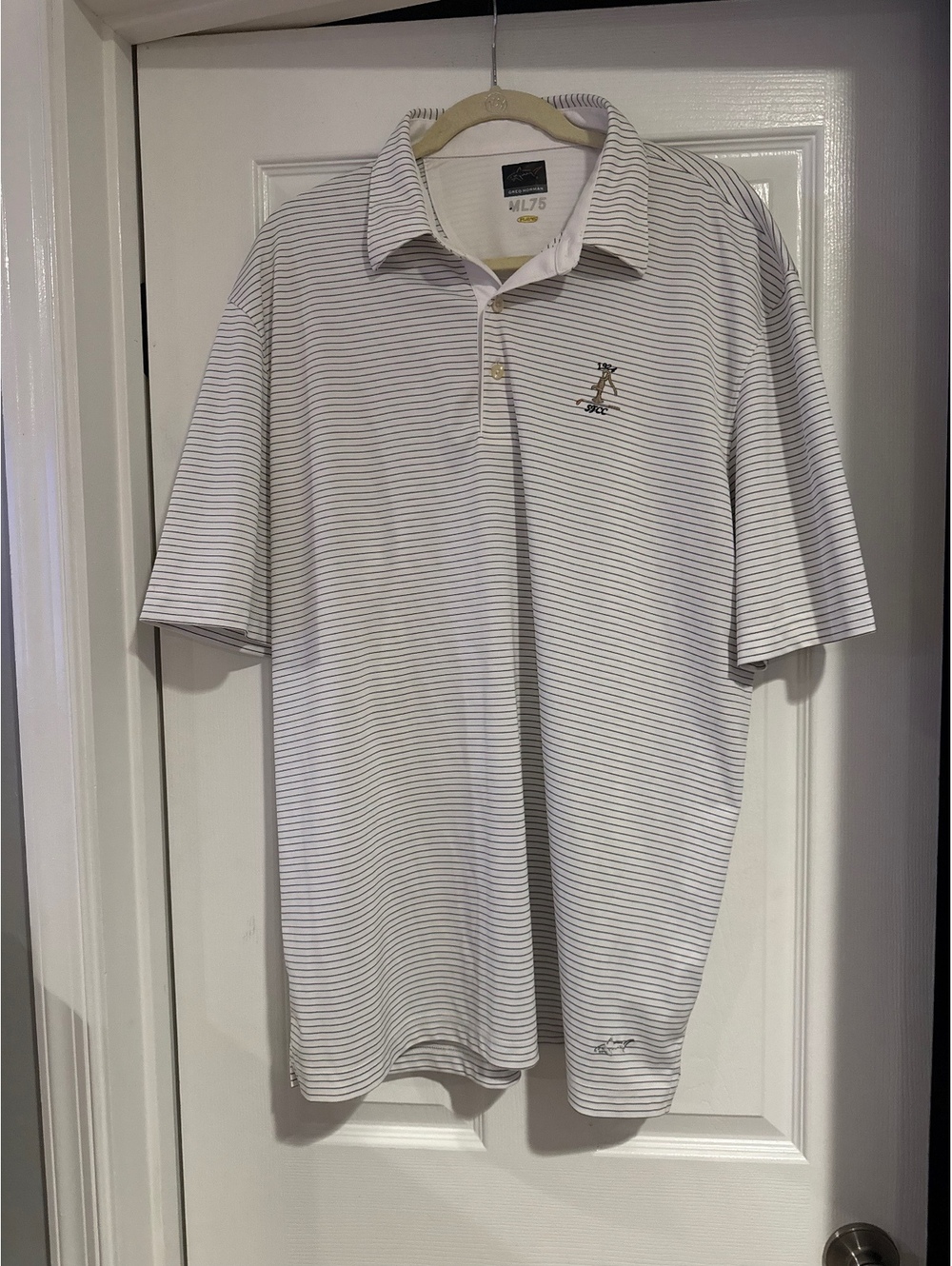 Greg Norman ML75 Play Dry White Striped Golf Polo Shirt with Embroidered Logo